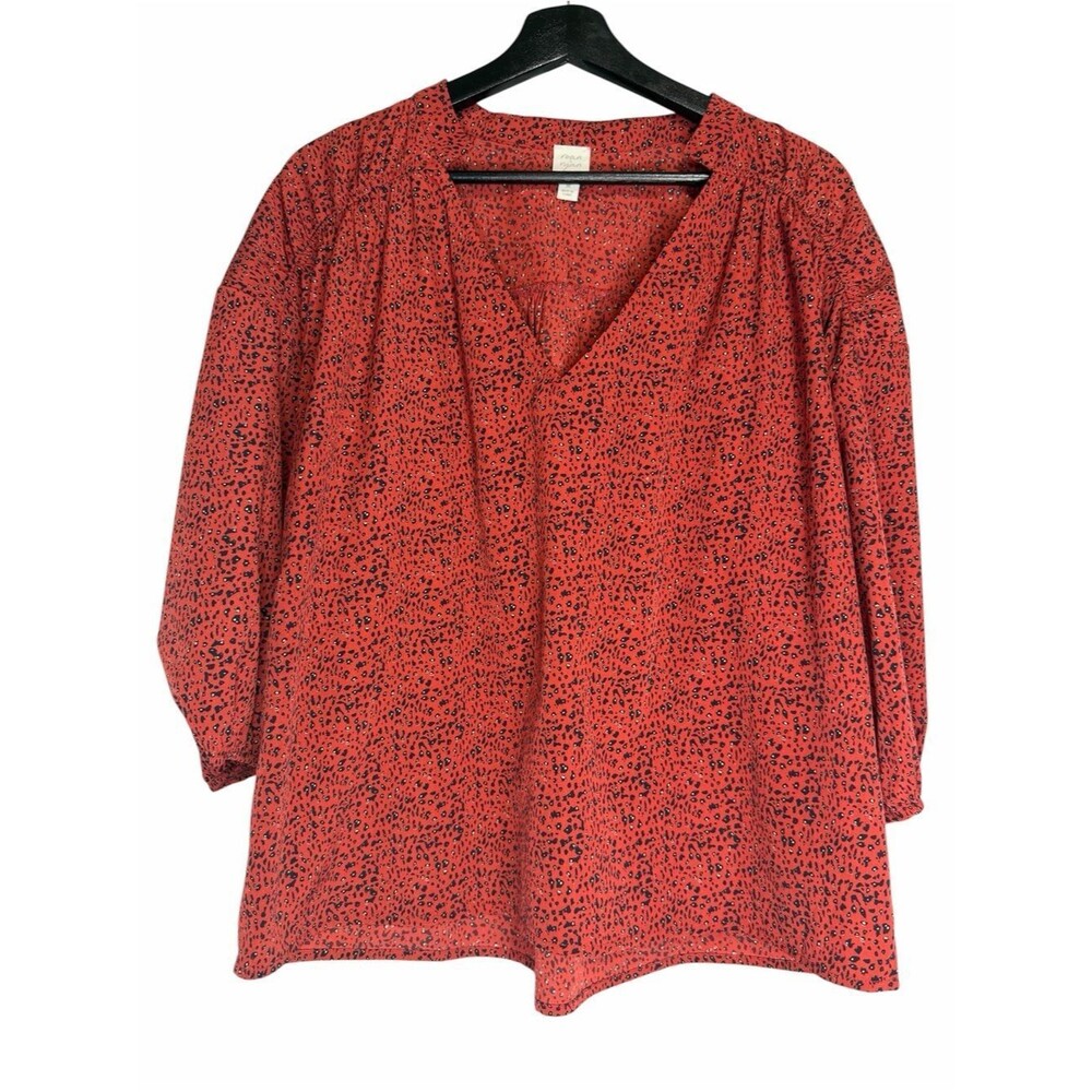 Evereve Roan + Ryan Olivia Blouse size Medium Draped Ruched Red Black Leopard